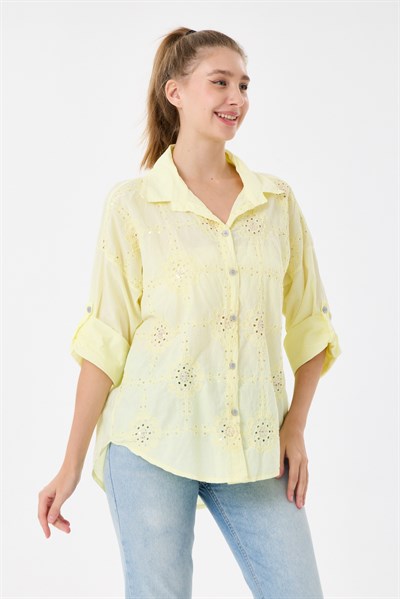 Kadın İtalyan Çiçek Nakışlı Pullu Katlanır Uzun Kollu Oversize Gömlek 40 - 44 Beden