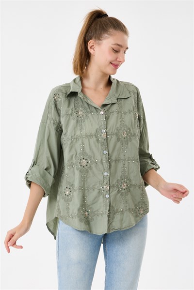 Kadın İtalyan Çiçek Nakışlı Pullu Katlanır Uzun Kollu Oversize Gömlek 40 - 44 Beden
