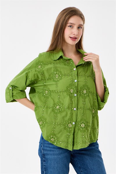 Kadın İtalyan Çiçek Nakışlı Pullu Katlanır Uzun Kollu Oversize Gömlek 40 - 44 Beden