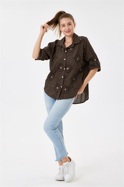 Kadın İtalyan Çiçek Nakışlı Pullu Katlanır Uzun Kollu Oversize Gömlek 40 - 44 Beden