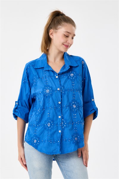 Kadın İtalyan Çiçek Nakışlı Pullu Katlanır Uzun Kollu Oversize Gömlek 40 - 44 Beden