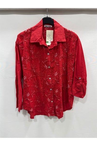 Rosso Kadın İtalyan Çiçek Nakışlı Katlanır Uzun Kol Oversize Gömlek 42 - 46 Beden