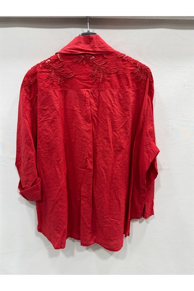 Rosso Kadın İtalyan Çiçek Nakışlı Katlanır Uzun Kol Oversize Gömlek 42 - 46 Beden