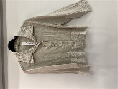 Bej Kadın İtalyan Dantel Detaylı Oversize Keten Gömlek 38 - 44 Beden