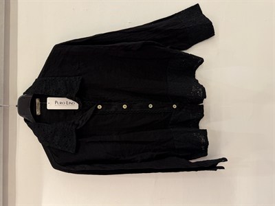 Siyah Kadın İtalyan Dantel Detaylı Oversize Keten Gömlek 38 - 44 Beden
