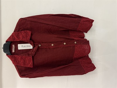 Bordo Kadın İtalyan Dantel Detaylı Oversize Keten Gömlek 38 - 44 Beden
