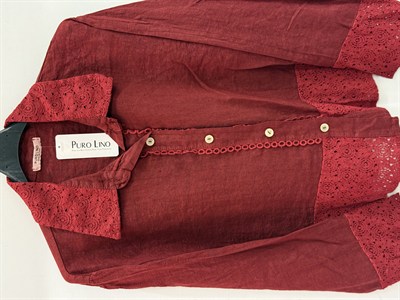 Bordo Kadın İtalyan Dantel Detaylı Oversize Keten Gömlek 38 - 44 Beden