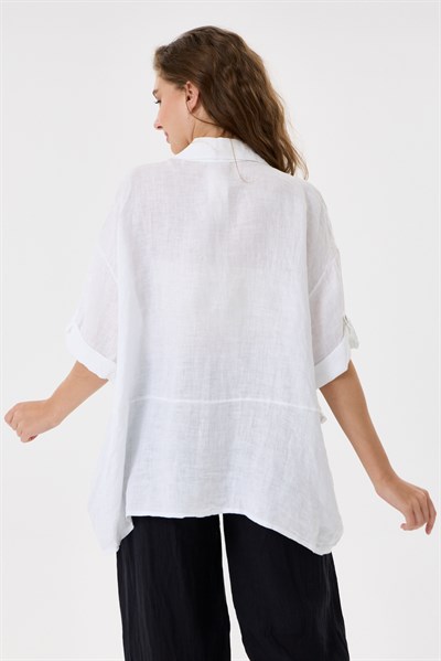 Kadın İtalyan %100 Keten Düşük Kol Oversize Keten Gömlek 38 - 44 Beden
