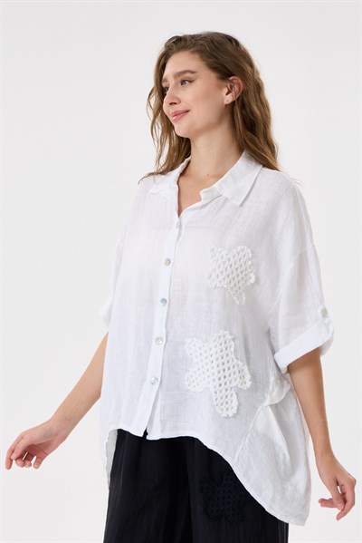 Kadın İtalyan %100 Keten Düşük Kol Oversize Keten Gömlek 38 - 44 Beden