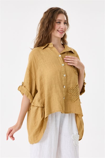 Kadın İtalyan %100 Keten Düşük Kol Oversize Keten Gömlek 38 - 44 Beden