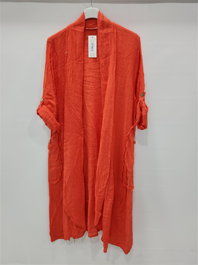 Kadın Turuncu İtalyan Katlanabilir Kollu Cepli Uzun Keten Kaftan