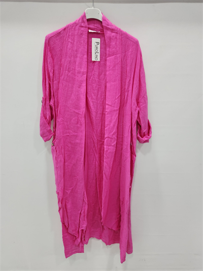 Kadın Fuşya İtalyan Katlanabilir Kollu Cepli Uzun Keten Kaftan