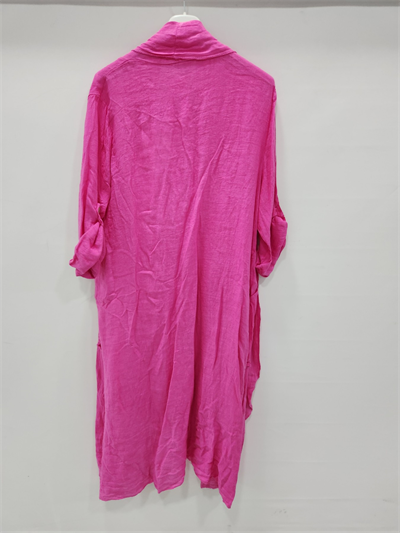 Kadın Fuşya İtalyan Katlanabilir Kollu Cepli Uzun Keten Kaftan
