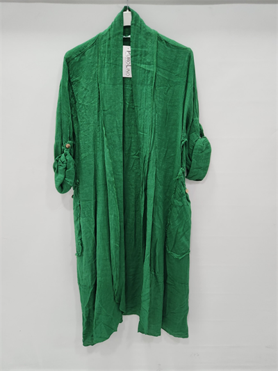 Kadın Yeşil İtalyan Katlanabilir Kollu Cepli Uzun Keten Kaftan