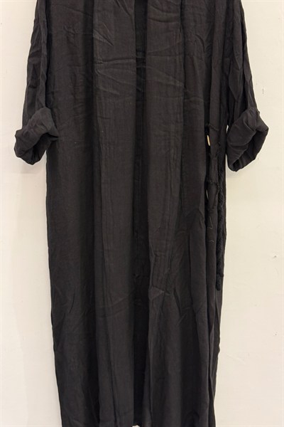 Black Kadın İtalyan Etek Ucu Düğme Yırtmaçlı Uzun Oversize Keten Kaftan 38 - 46 Beden