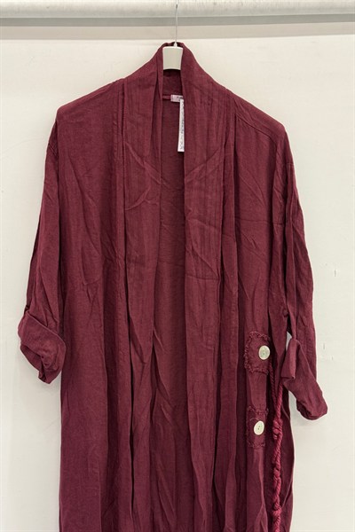 Bordo Kadın İtalyan Etek Ucu Düğme Yırtmaçlı Uzun Oversize Keten Kaftan 38 - 46 Beden