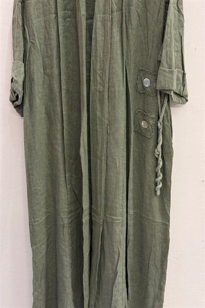 Haki Kadın İtalyan Etek Ucu Düğme Yırtmaçlı Uzun Oversize Keten Kaftan 38 - 46 Beden