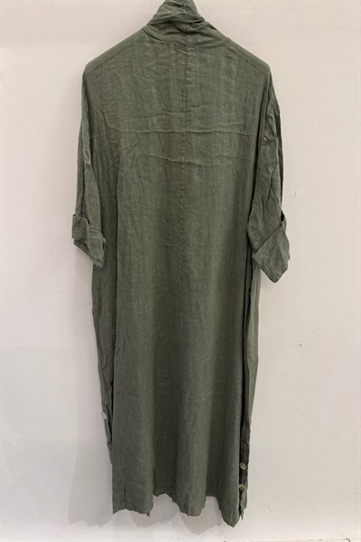Haki Kadın İtalyan Etek Ucu Düğme Yırtmaçlı Uzun Oversize Keten Kaftan 38 - 46 Beden