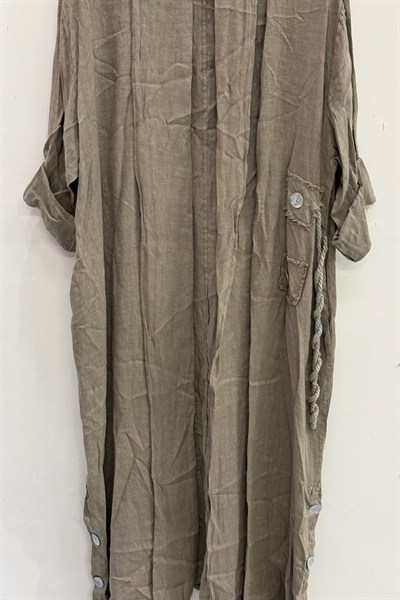 Vizon Kadın İtalyan Etek Ucu Düğme Yırtmaçlı Uzun Oversize Keten Kaftan 38 - 46 Beden