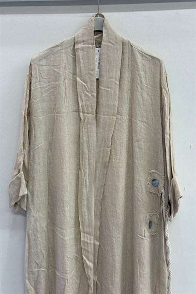 Bej Kadın İtalyan Etek Ucu Düğme Yırtmaçlı Uzun Oversize Keten Kaftan 38 - 46 Beden