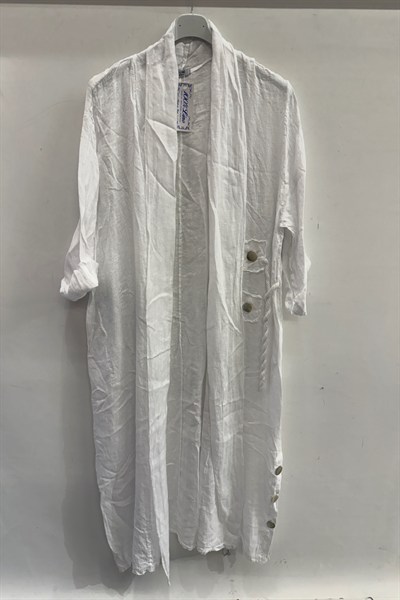 Beyaz Kadın İtalyan Etek Ucu Düğme Yırtmaçlı Uzun Oversize Keten Kaftan 38 - 46 Beden