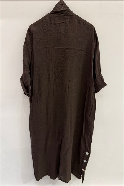 Kahverengi Kadın İtalyan Etek Ucu Düğme Yırtmaçlı Uzun Oversize Keten Kaftan 38 - 46 Beden