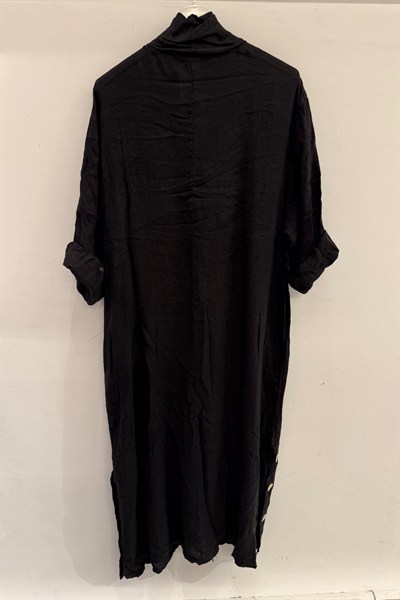 Black Kadın İtalyan Etek Ucu Düğme Yırtmaçlı Uzun Oversize Keten Kaftan 38 - 46 Beden