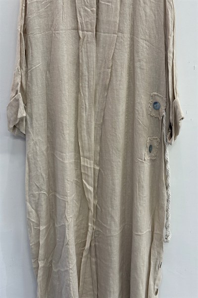 Bej Kadın İtalyan Etek Ucu Düğme Yırtmaçlı Uzun Oversize Keten Kaftan 38 - 46 Beden
