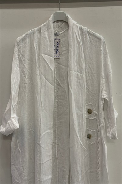 Beyaz Kadın İtalyan Etek Ucu Düğme Yırtmaçlı Uzun Oversize Keten Kaftan 38 - 46 Beden