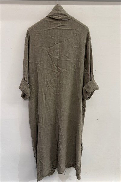 Vizon Kadın İtalyan Etek Ucu Düğme Yırtmaçlı Uzun Oversize Keten Kaftan 38 - 46 Beden