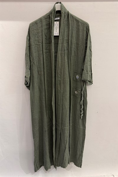 Haki Kadın İtalyan Etek Ucu Düğme Yırtmaçlı Uzun Oversize Keten Kaftan 38 - 46 Beden