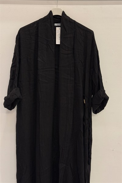 Black Kadın İtalyan Etek Ucu Düğme Yırtmaçlı Uzun Oversize Keten Kaftan 38 - 46 Beden