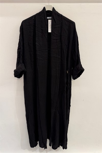 Black Kadın İtalyan Etek Ucu Düğme Yırtmaçlı Uzun Oversize Keten Kaftan 38 - 46 Beden