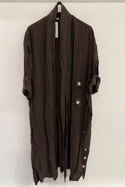 Kahverengi Kadın İtalyan Etek Ucu Düğme Yırtmaçlı Uzun Oversize Keten Kaftan 38 - 46 Beden