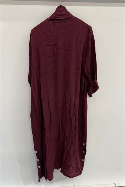 Bordo Kadın İtalyan Etek Ucu Düğme Yırtmaçlı Uzun Oversize Keten Kaftan 38 - 46 Beden