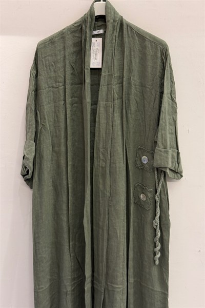 Haki Kadın İtalyan Etek Ucu Düğme Yırtmaçlı Uzun Oversize Keten Kaftan 38 - 46 Beden