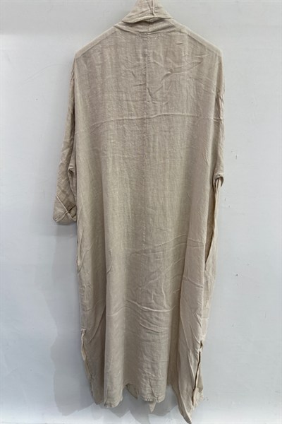 Bej Kadın İtalyan Etek Ucu Düğme Yırtmaçlı Uzun Oversize Keten Kaftan 38 - 46 Beden