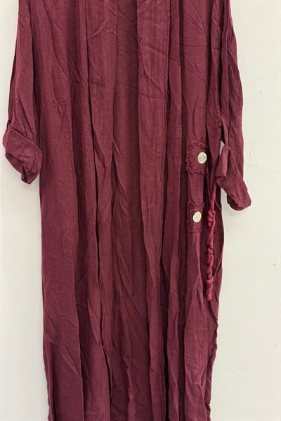 Bordo Kadın İtalyan Etek Ucu Düğme Yırtmaçlı Uzun Oversize Keten Kaftan 38 - 46 Beden