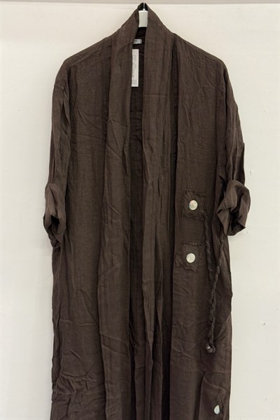 Kahverengi Kadın İtalyan Etek Ucu Düğme Yırtmaçlı Uzun Oversize Keten Kaftan 38 - 46 Beden