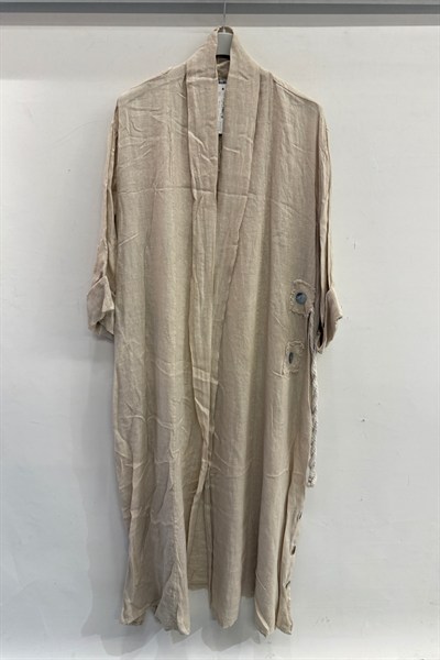Bej Kadın İtalyan Etek Ucu Düğme Yırtmaçlı Uzun Oversize Keten Kaftan 38 - 46 Beden