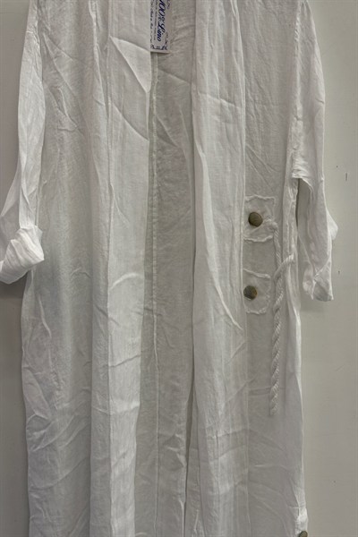 Beyaz Kadın İtalyan Etek Ucu Düğme Yırtmaçlı Uzun Oversize Keten Kaftan 38 - 46 Beden