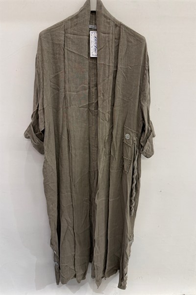 Vizon Kadın İtalyan Etek Ucu Düğme Yırtmaçlı Uzun Oversize Keten Kaftan 38 - 46 Beden