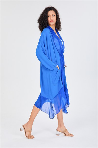 Saks Mavi Kadın İtalyan İpek Tüllü Sonsuzluk Tasarım Salaş Uzun Kaftan 40 - 52 Beden