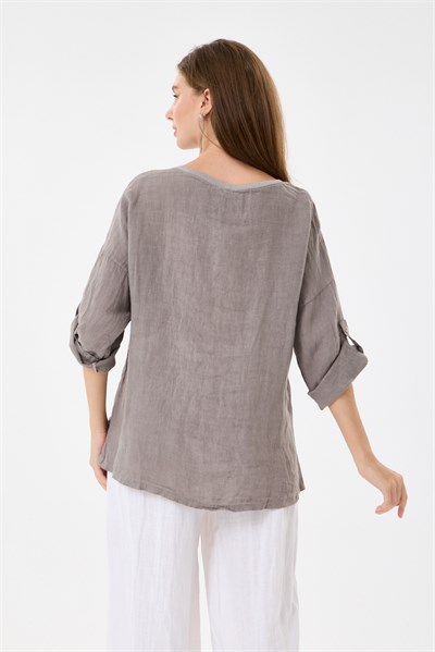 İtalyan %100 Keten Yıldız ve Çiçek Desen Yamalı Katlanır Kollu Oversize Keten Bluz 38 - 44 Beden - Vizon