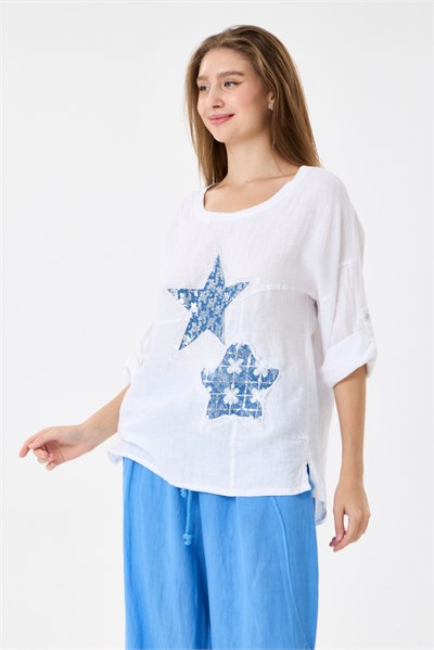 İtalyan %100 Keten Yıldız ve Çiçek Desen Yamalı Katlanır Kollu Oversize Keten Bluz 38 - 44 Beden - Beyaz