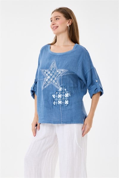İtalyan %100 Keten Yıldız ve Çiçek Desen Yamalı Katlanır Kollu Oversize Keten Bluz 38 - 44 Beden - Mavi