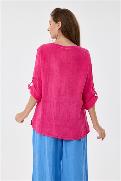 İtalyan %100 Keten Yıldız ve Çiçek Desen Yamalı Katlanır Kollu Oversize Keten Bluz 38 - 44 Beden - Fuşya