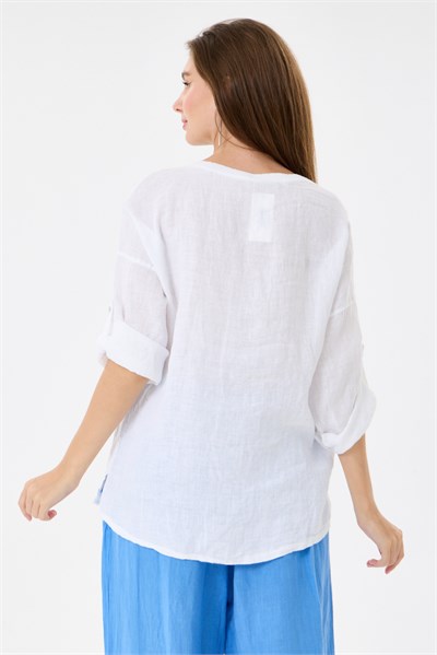 İtalyan %100 Keten Yıldız ve Çiçek Desen Yamalı Katlanır Kollu Oversize Keten Bluz 38 - 44 Beden - Beyaz