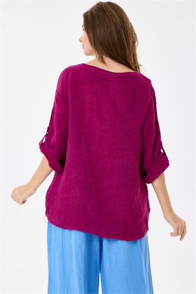İtalyan %100 Keten Yıldız ve Çiçek Desen Yamalı Katlanır Kollu Oversize Keten Bluz 38 - 44 Beden - Vişne