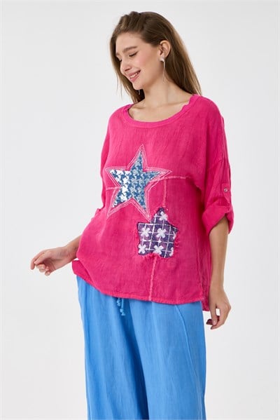 İtalyan %100 Keten Yıldız ve Çiçek Desen Yamalı Katlanır Kollu Oversize Keten Bluz 38 - 44 Beden - Fuşya